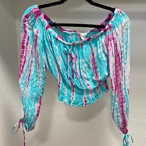 Surf Gypsy Tie-Dye Off-Shoulder Crop Top in Aqua & Magenta